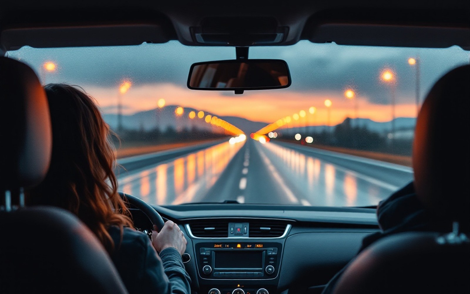 The interior of a car from the back seat on a long drive, motorway ahead through the windscreen