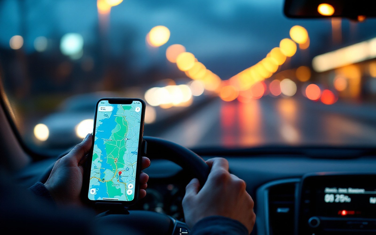 A phone in a dashboard cradle showing a map, hands on the wheel beyond