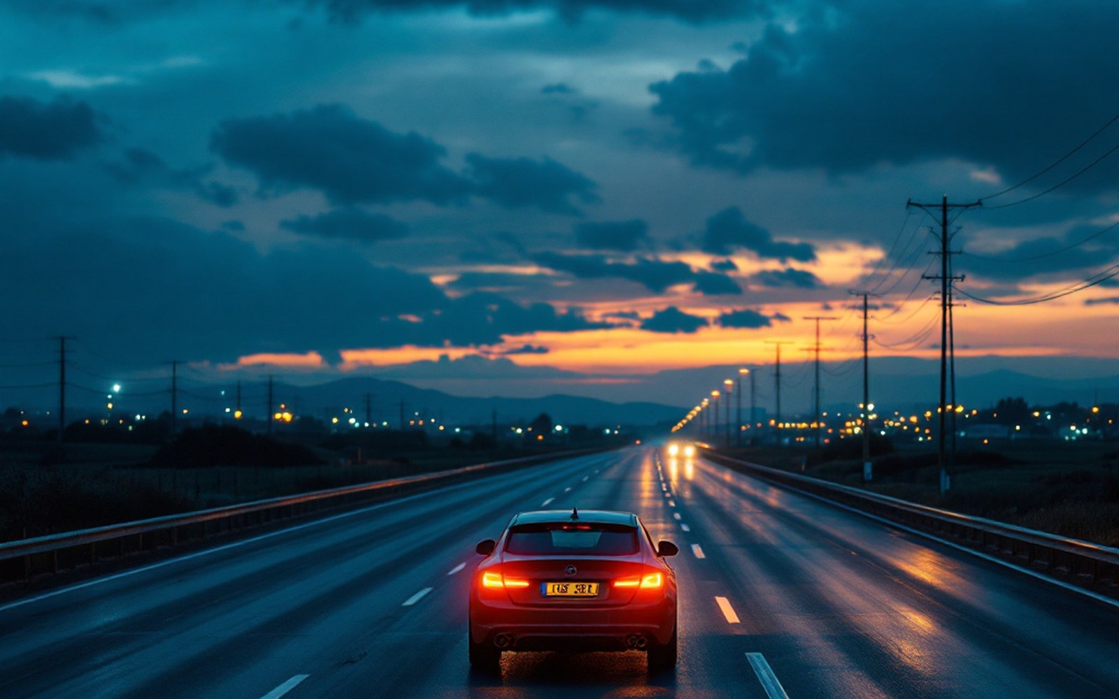 A single car on a wide empty road at dusk