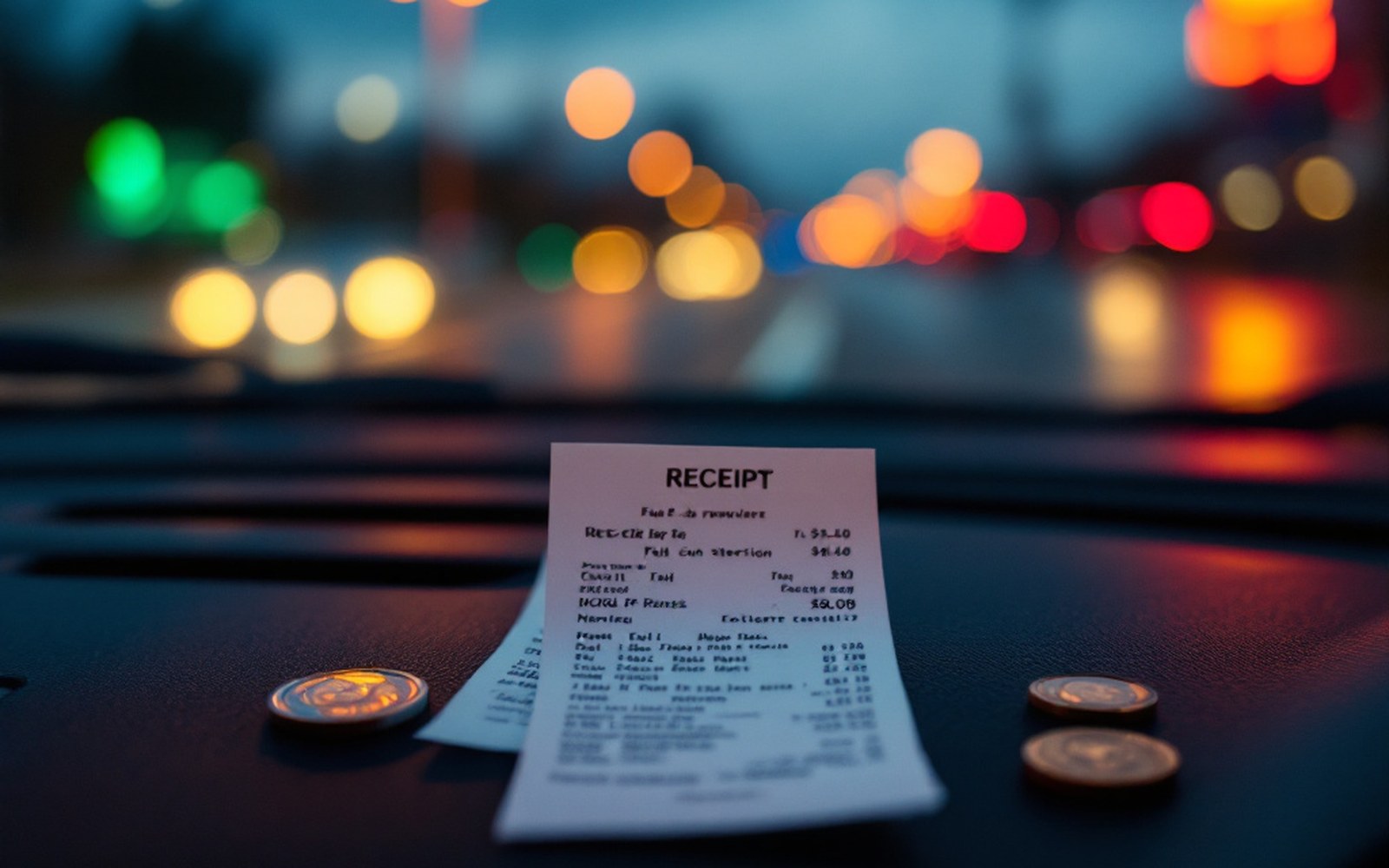 A fuel receipt and coins on a car dashboard