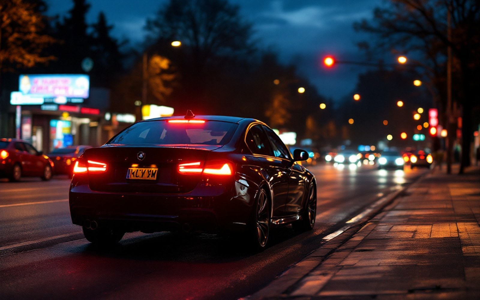 A parked car at a kerb with hazard lights on at dusk