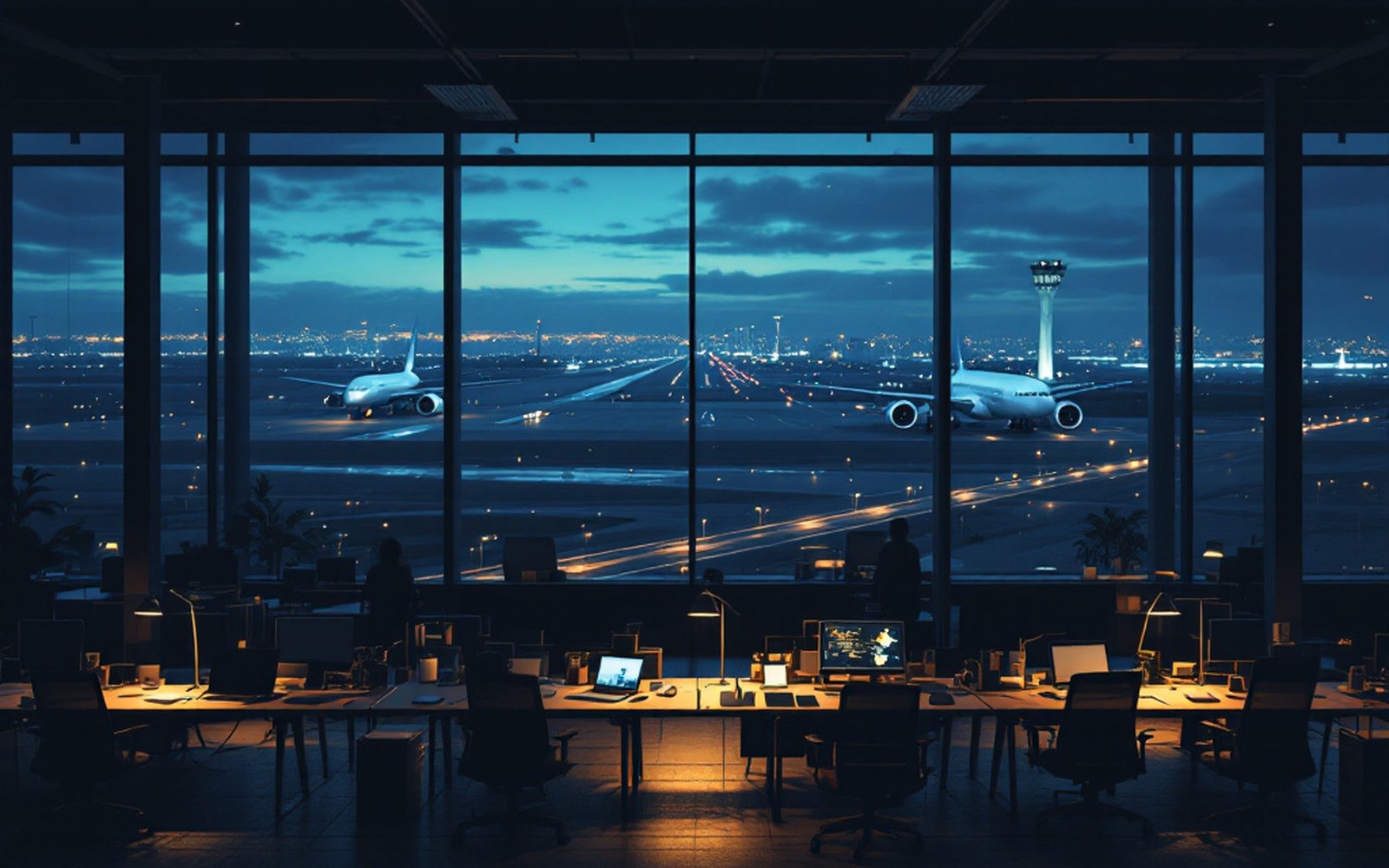 An open-plan office at night with most desks empty and a few lit