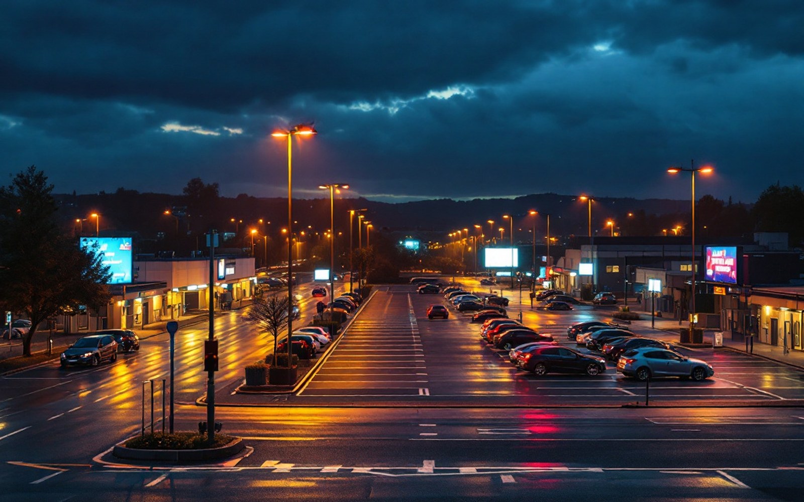 A wide road at dusk with scattered traffic