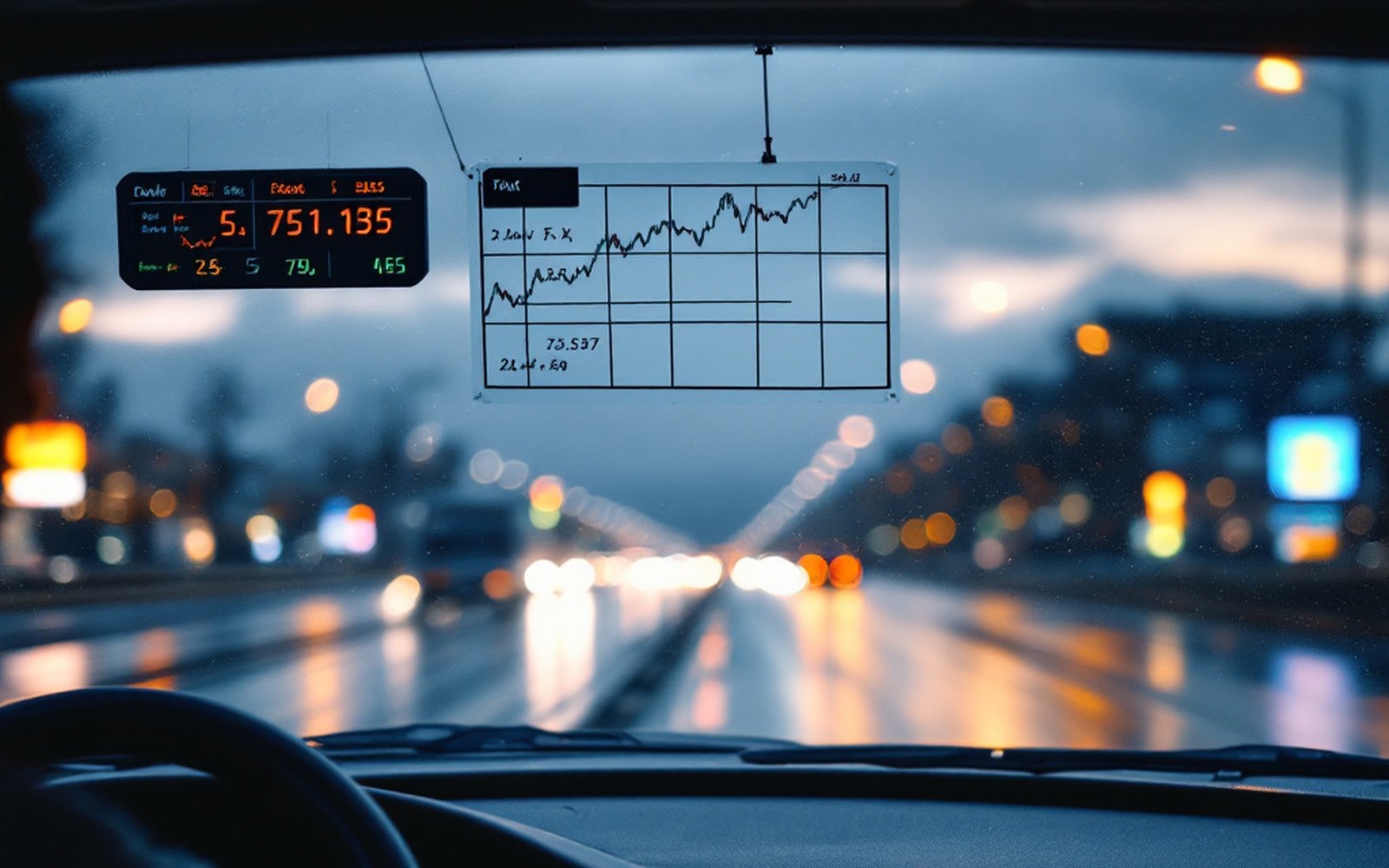 Figures and a chart taped inside a windscreen, motorway beyond