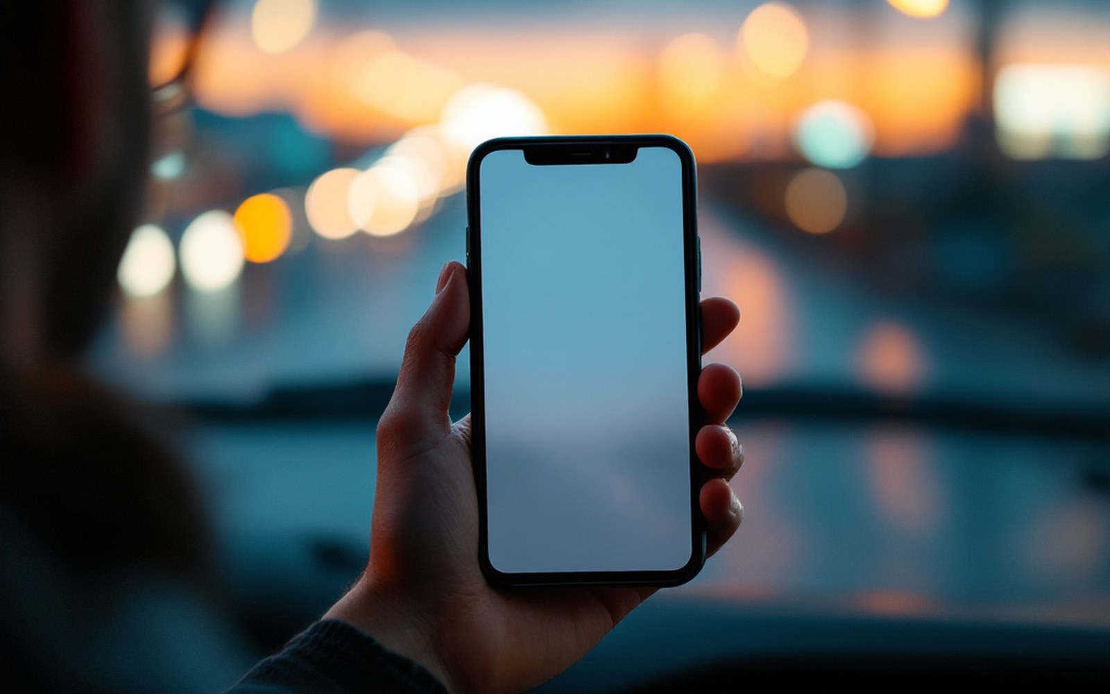 A phone screen held in one hand at dusk