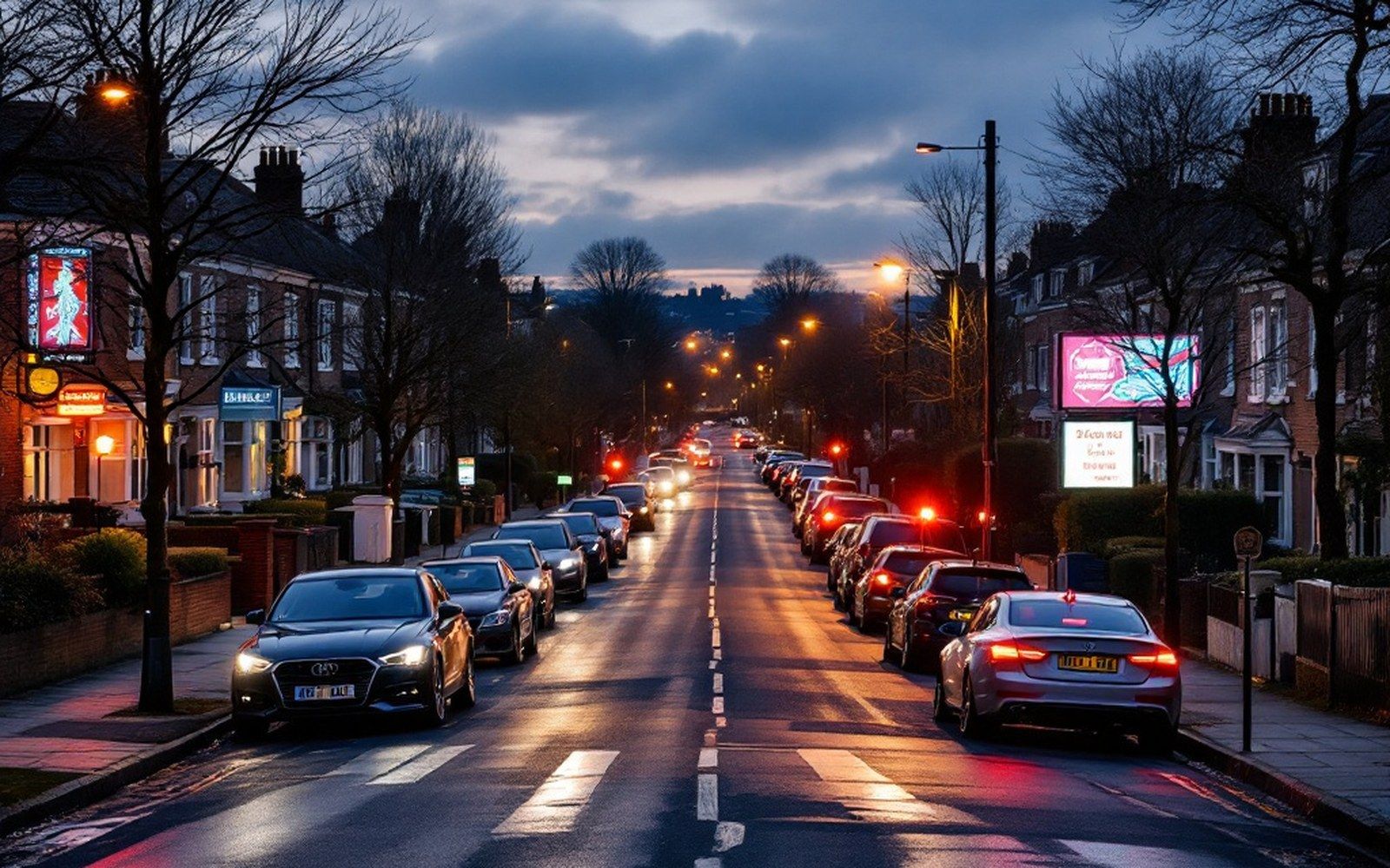 A residential street with cars parked along both kerbs