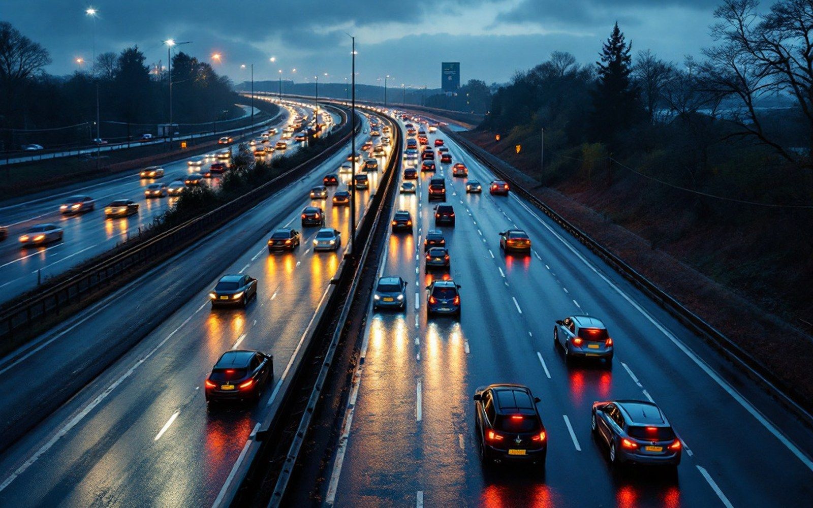 A motorway seen from a bridge, light traffic, most cars carrying one person